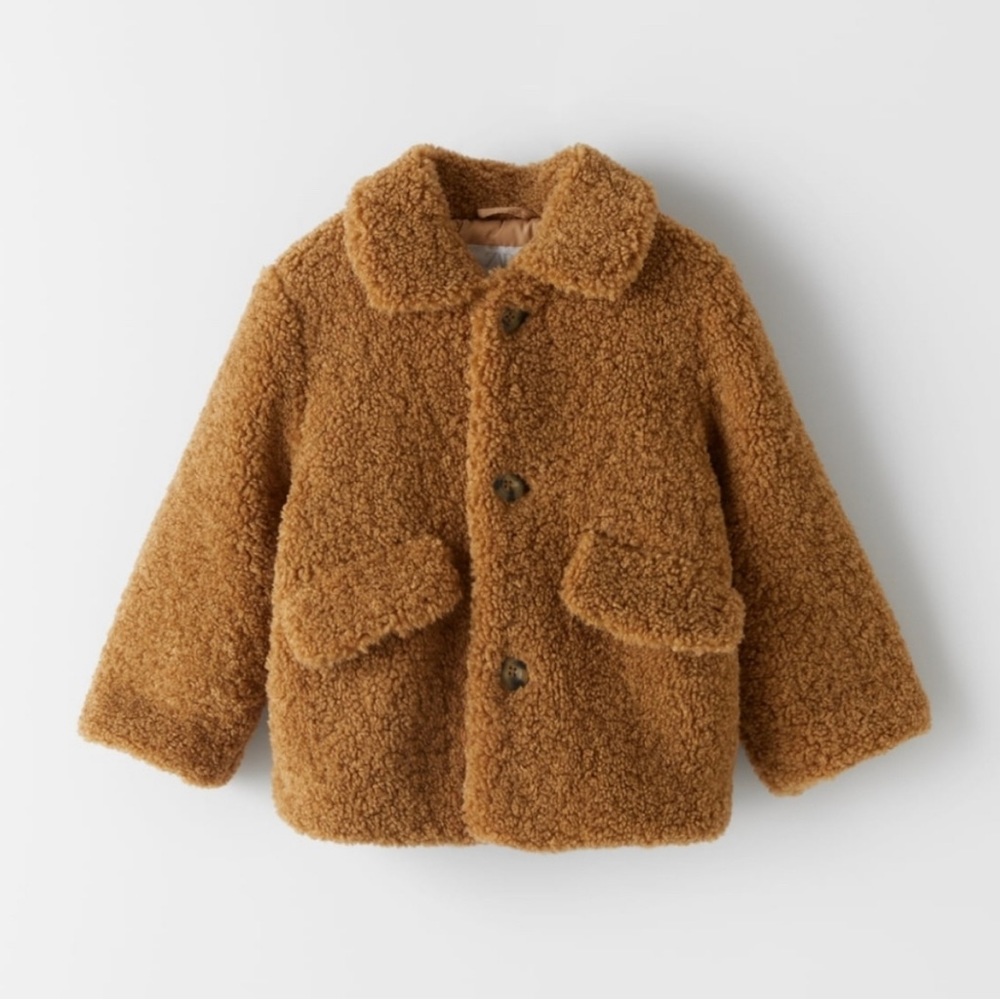 Zara girls Sherpa teddy bear camel jacket.
